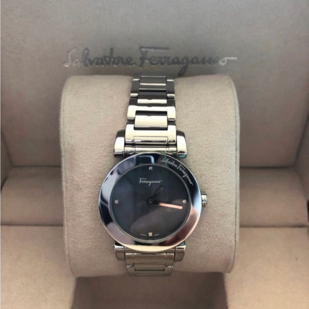 Salvatore Ferragamo Silver Watch with Swirl Black Dial